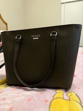 GUESS Dark Brown Monogram Tote with Double Straps
